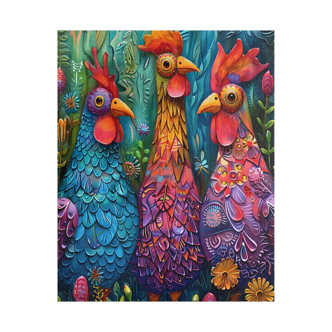 Three Silly Colorful Roosters Folk Art Garden Scene Wall Poster - Image 5