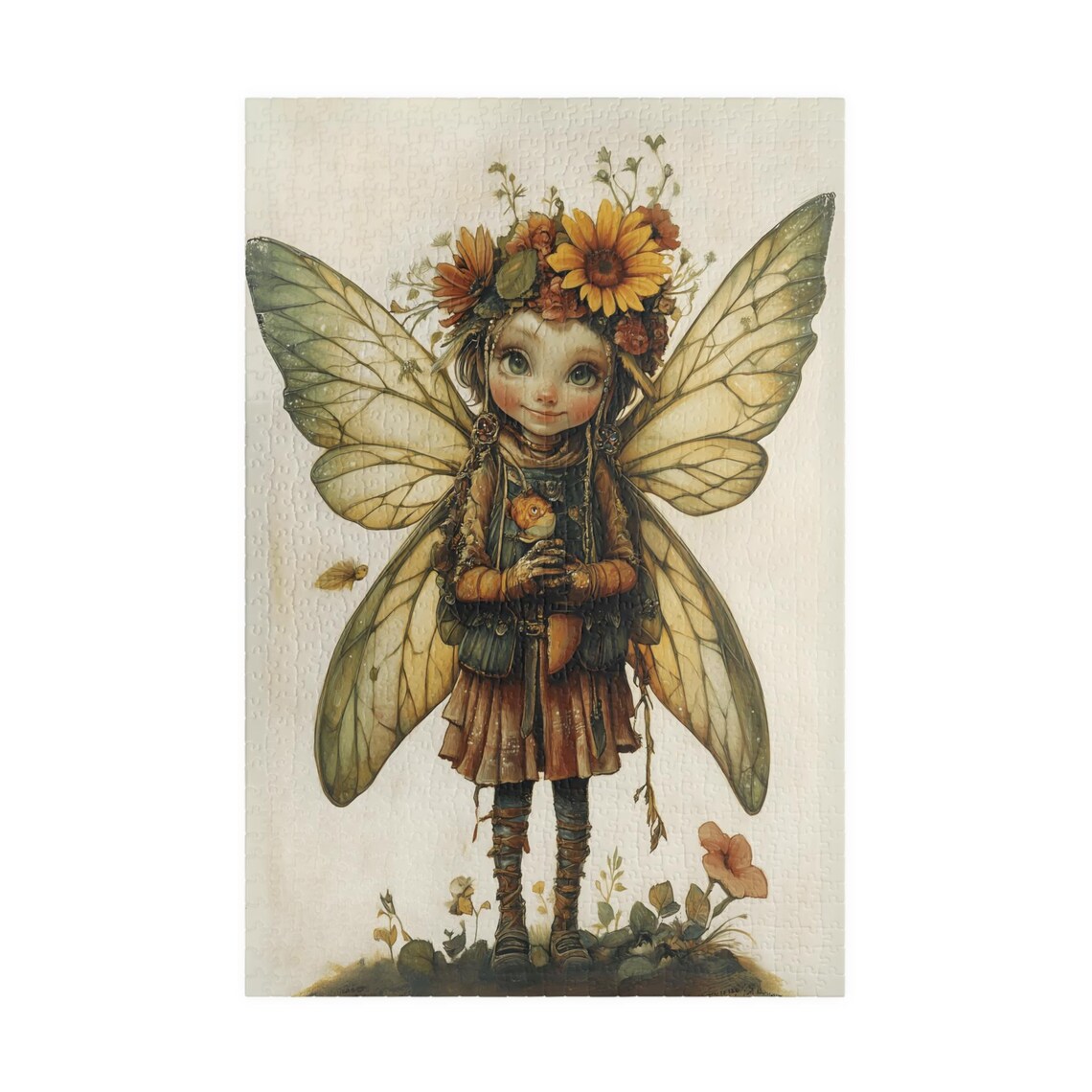 Storybook Fairy Girl With Sunflower Crown Holding A Tiny Bird Art Poster - Image 3