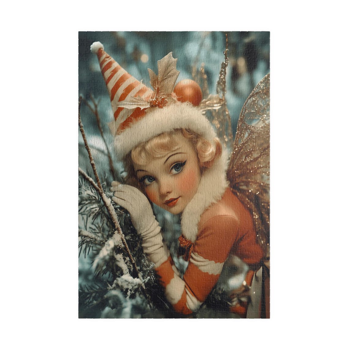 Vintage Christmas Fairy In Striped Hat Among Snowy Branches Poster - Image 3