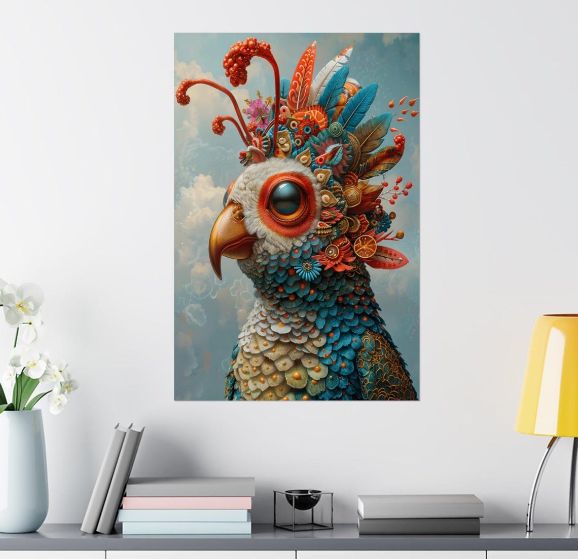Whimsical Colorful Fantasy Bird with Floral Feathered Crest Art Poster