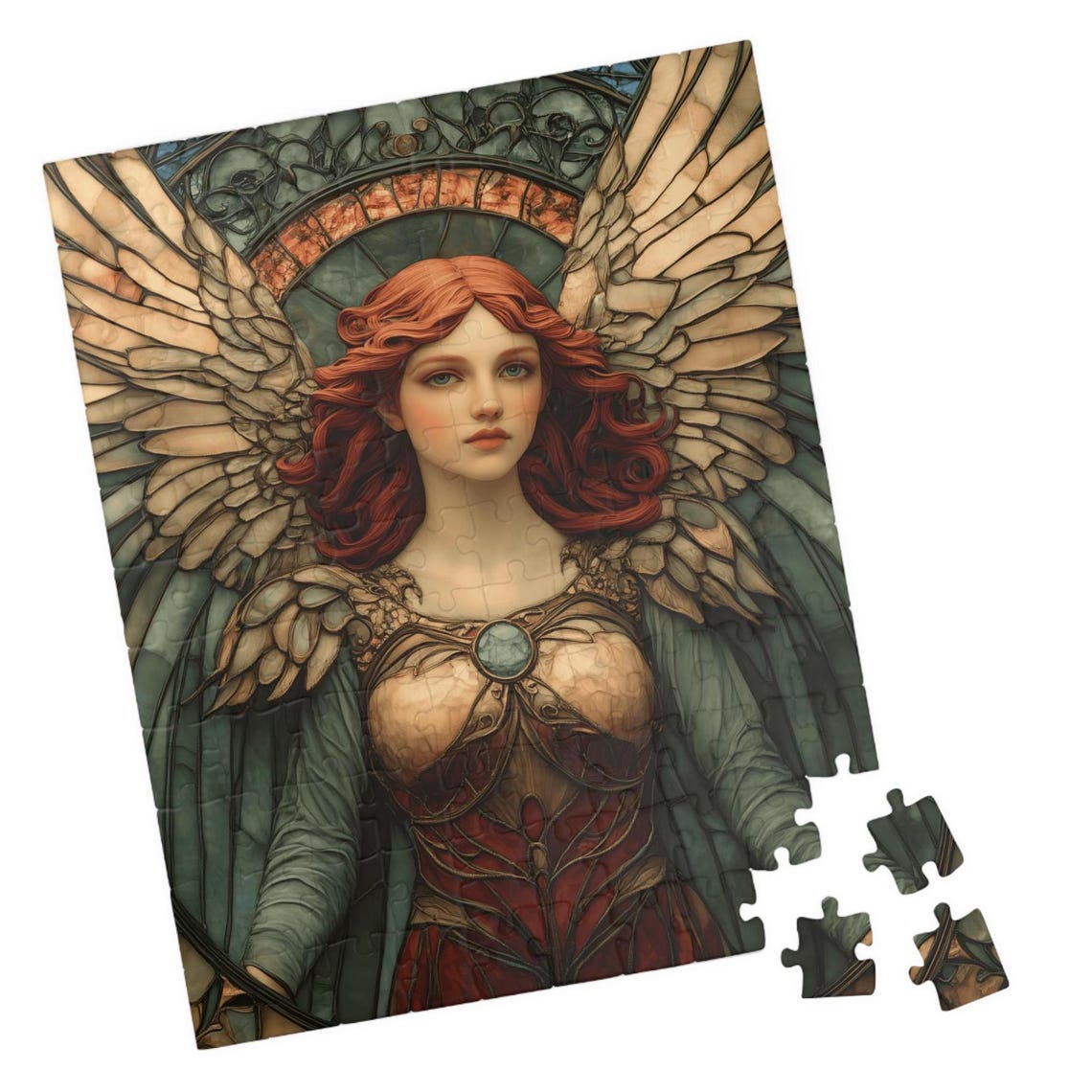 Red Haired Angel Stained Glass Style Large Wings Vintage Poster