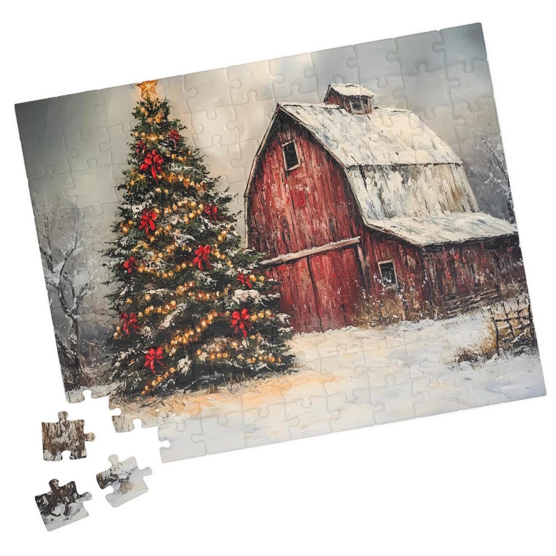 Red Barn With Decorated Christmas Tree Red Bows Lights Winter Poster
