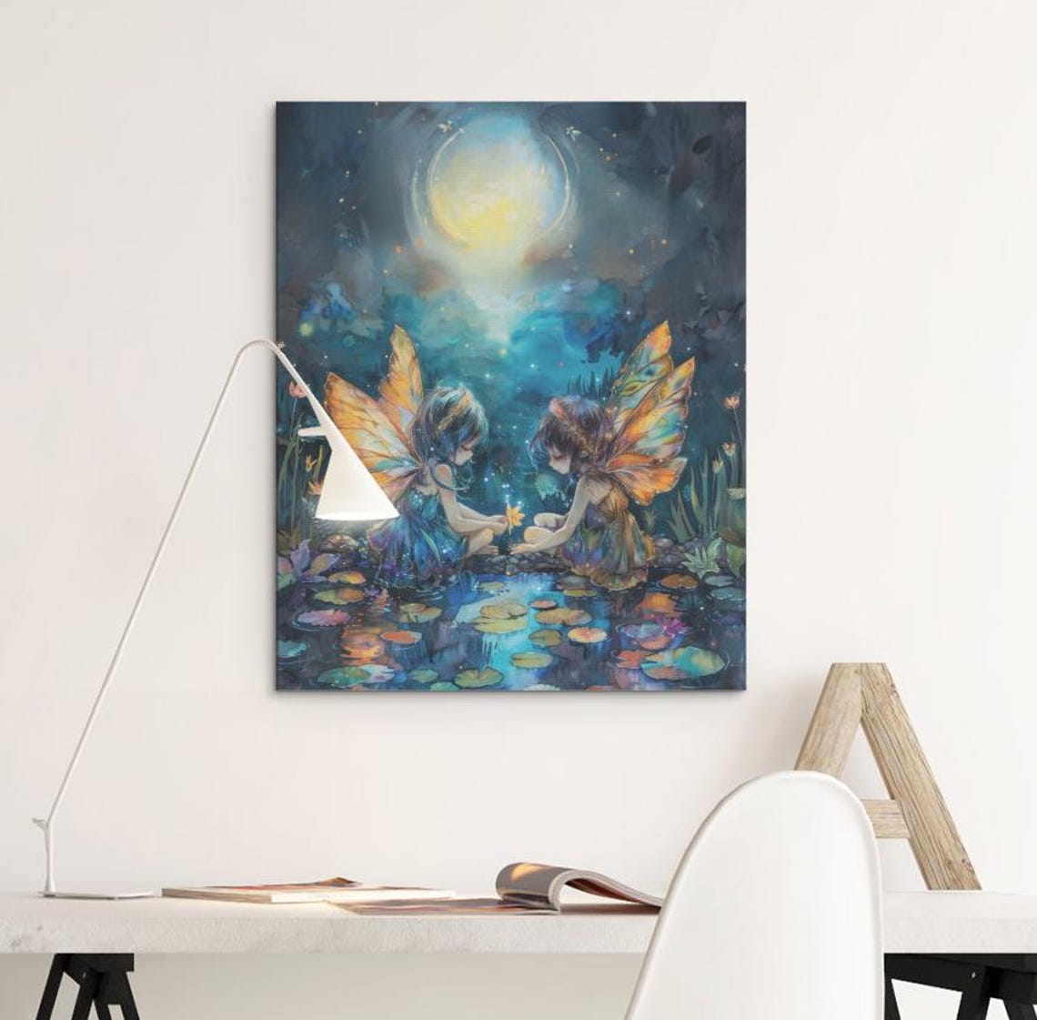 Two Little Fairies Sharing a Moment at a Moonlit Lily Pond Poster
