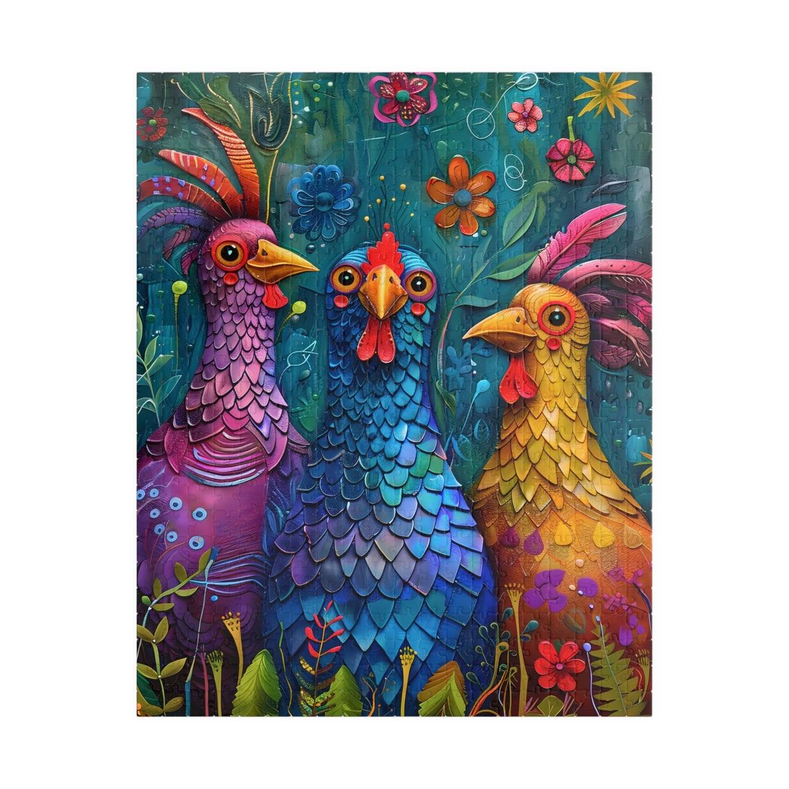Three Colorful Chickens Folk Art Vibrant Rooster Trio Poster - Image 5