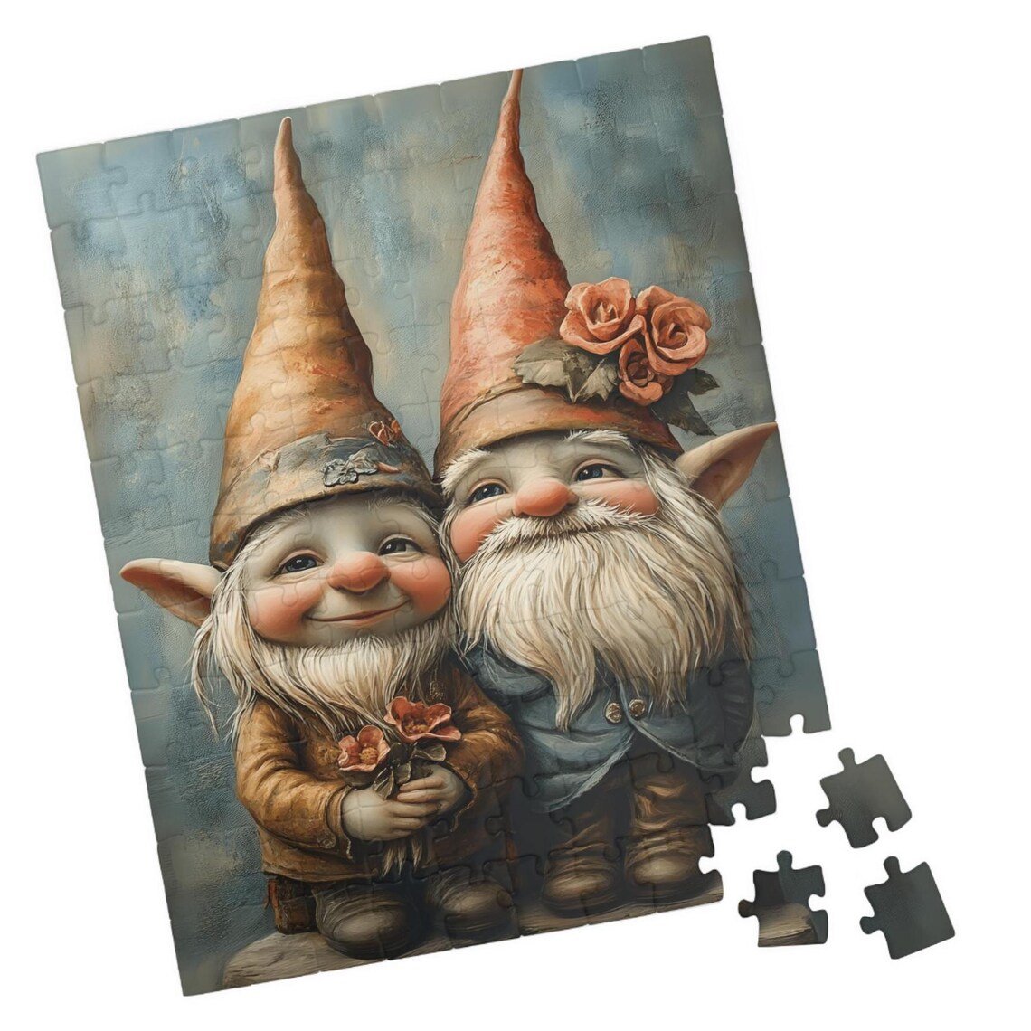 Sweet Gnome Couple Tall Pointy Hats Roses Rustic Folk Art Poster