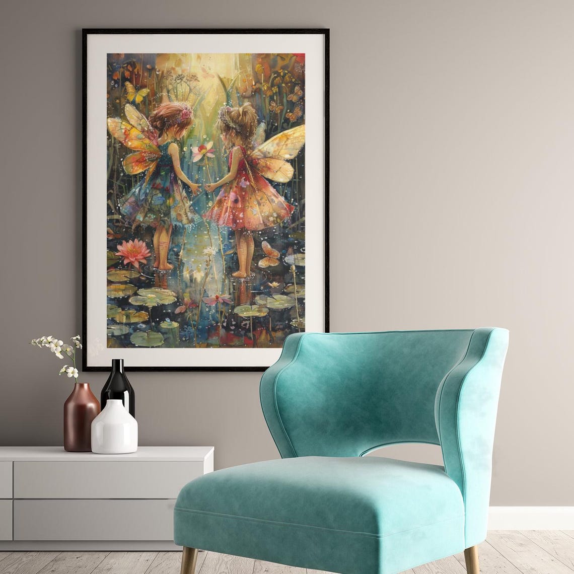 Two Fairies Holding Hands Lily Pond Golden Light Watercolor Poster - Image 4