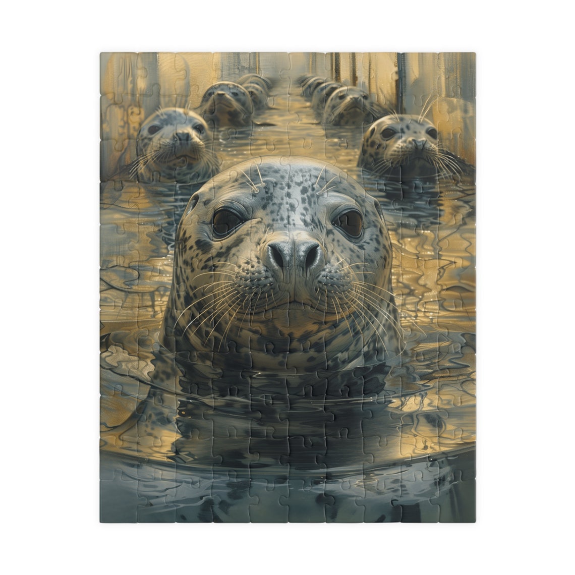 Curious Seals Swimming in Golden Sunlit Water Close Up Art Print - Image 2