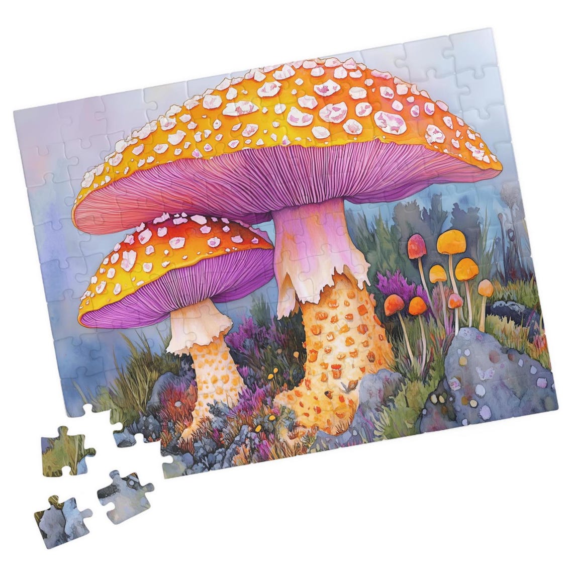 Orange and Purple Watercolor Fly Agaric Mushrooms Garden Art Print
