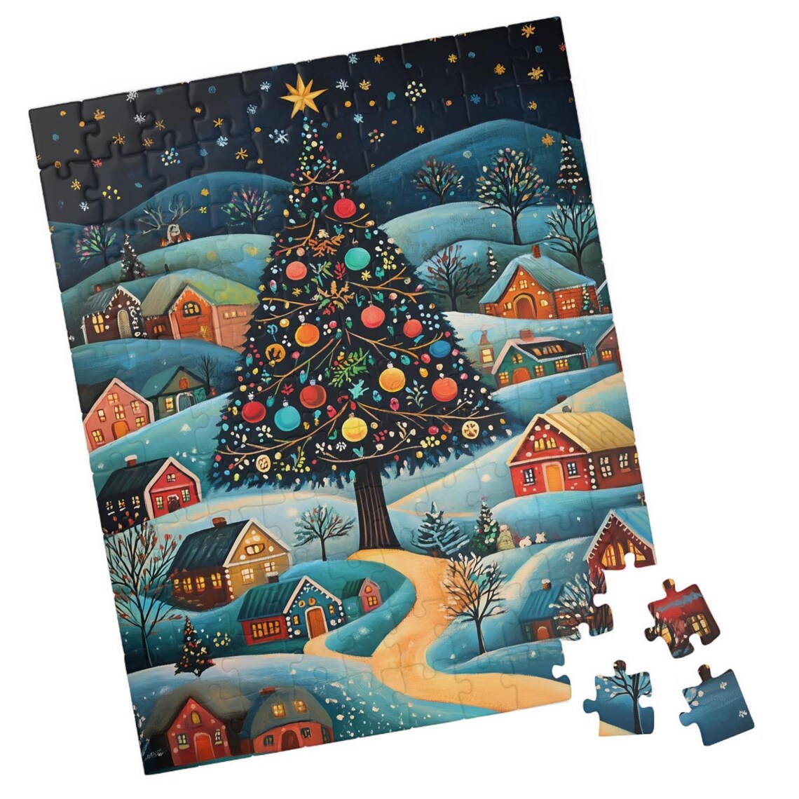 Folk Art Christmas Tree in a Snowy Night Village Festive Art Print