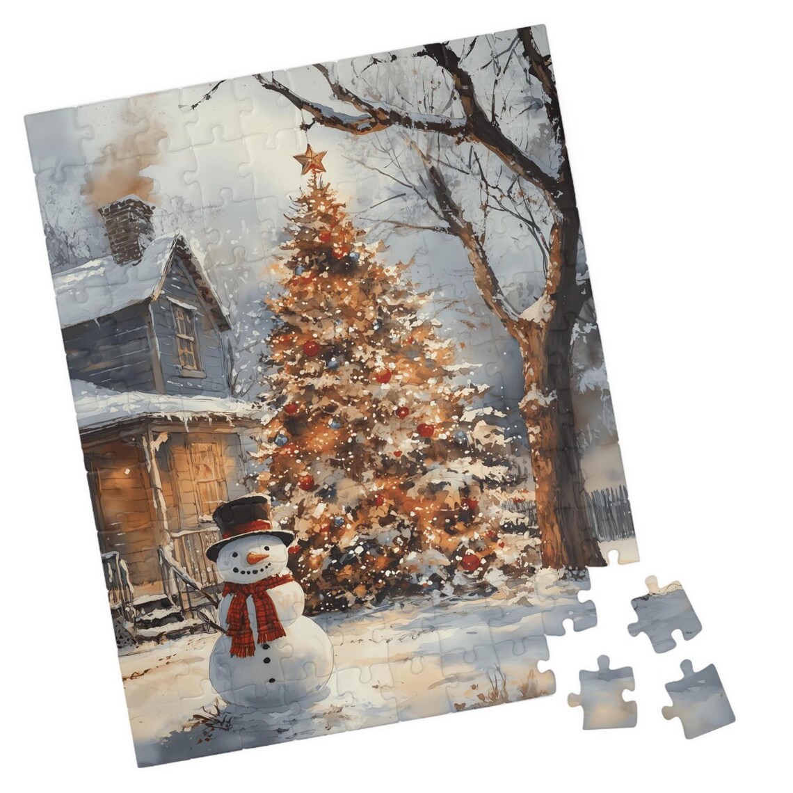 Snowman By A Glowing Christmas Tree Near A Snowy Cabin Art Print