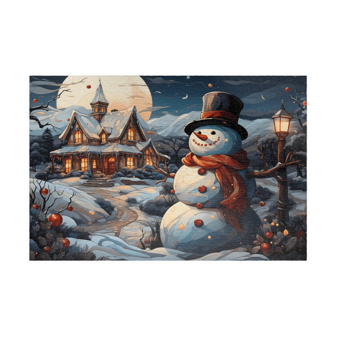 Cheerful Snowman In Top Hat By A Snowy Village House Night Print - Image 3