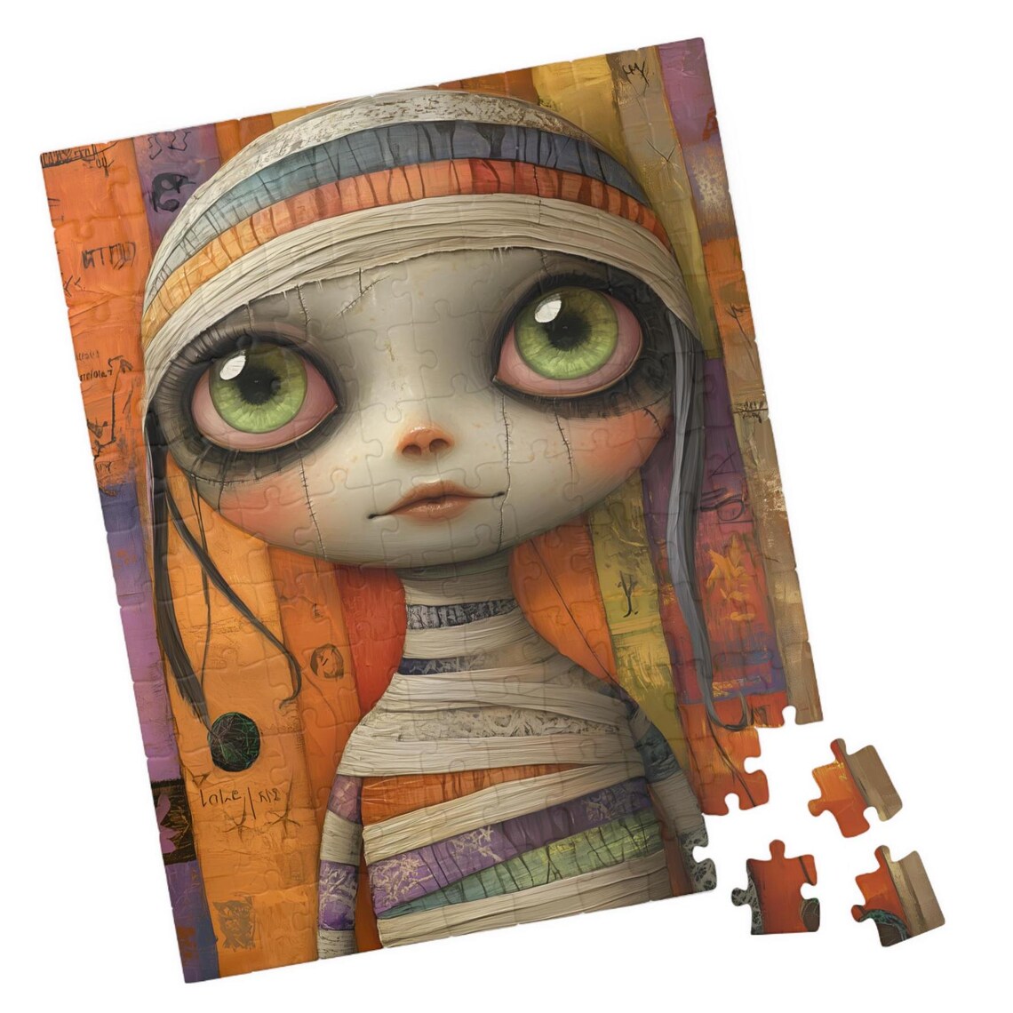 Cute Halloween Mummy Girl with Big Green Eyes Spooky Art Poster