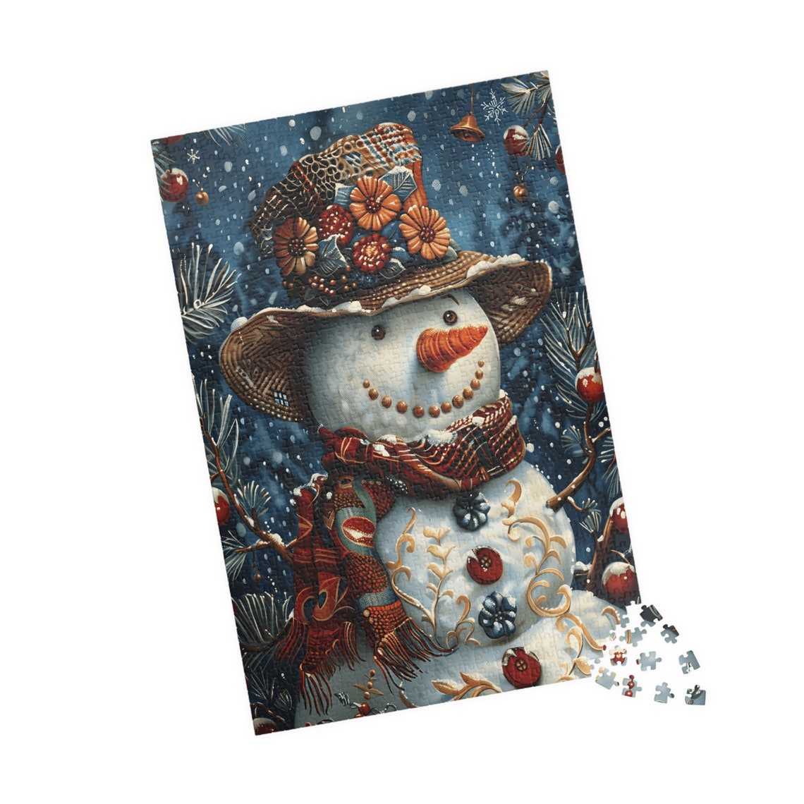 Festive Snowoman with Flower Hat and Red Scarf in Snowfall Poster - Image 4