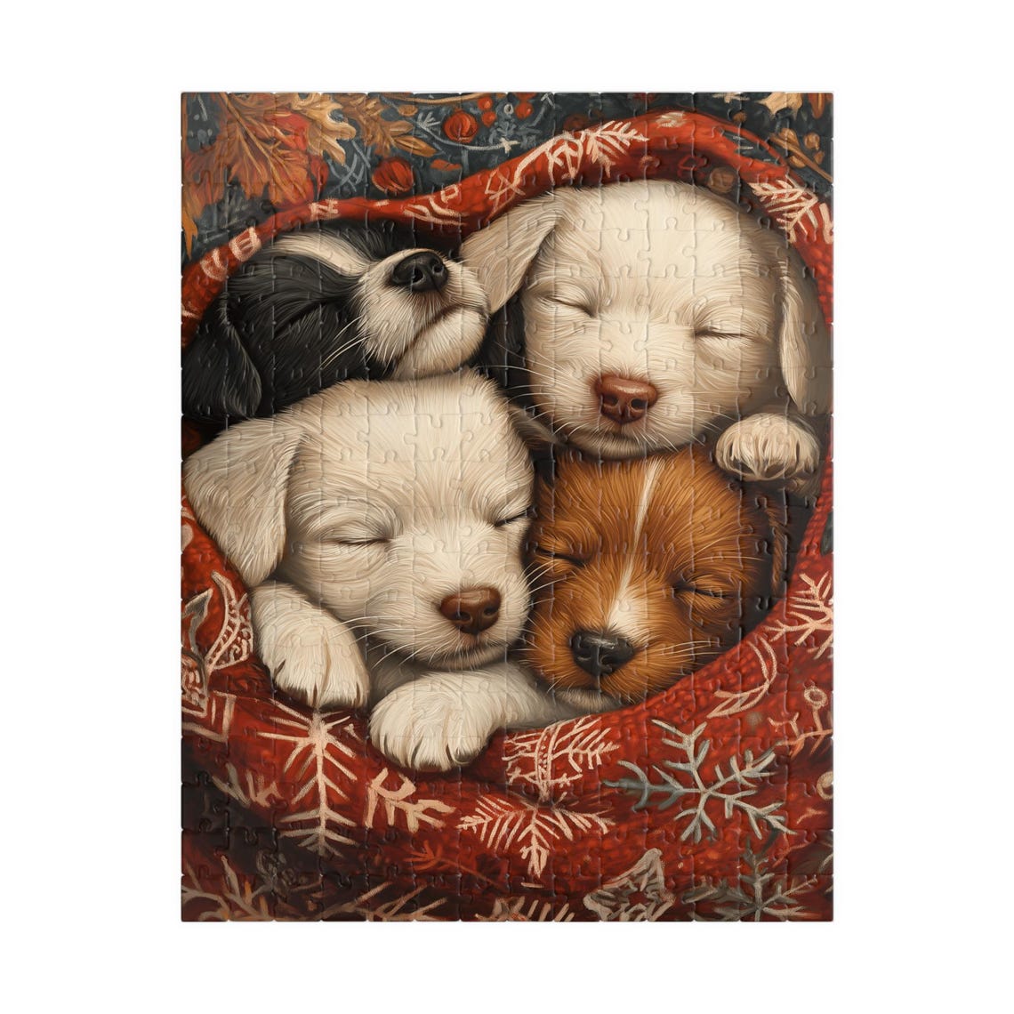 Four Sleeping Puppies in a Red Snowflake Blanket Cute Dog Art Poster - Image 5