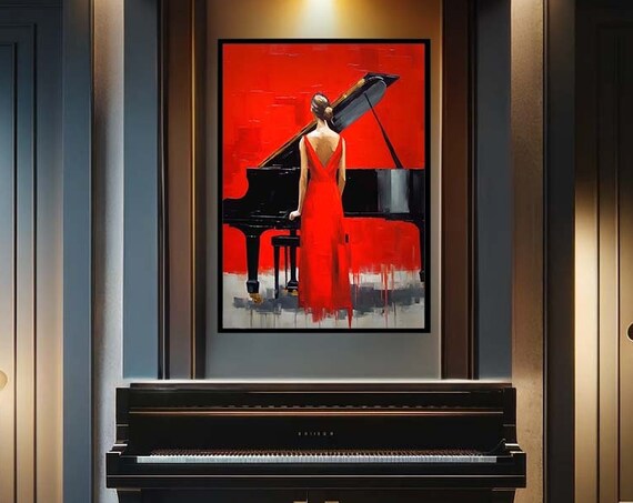 Woman in Red Dress at Grand Piano Dramatic Bold Music Art Poster