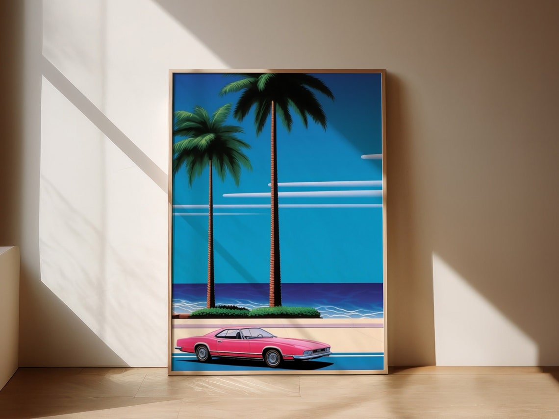 Retro Pink Classic Car Beach Road Palm Trees Ocean Art Poster