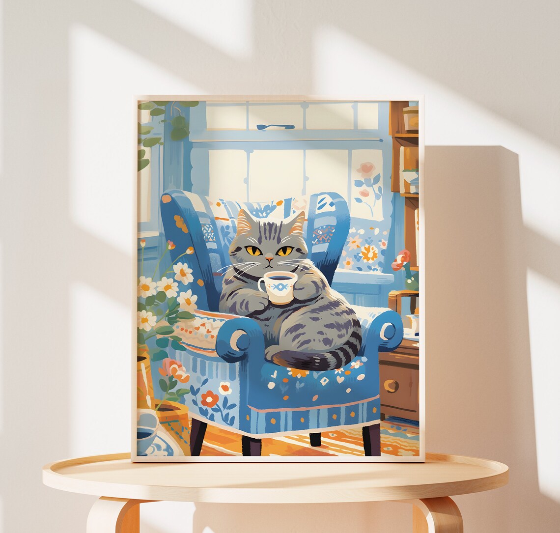 Grey Tabby Scottish Straight Cat Coffee Art Print