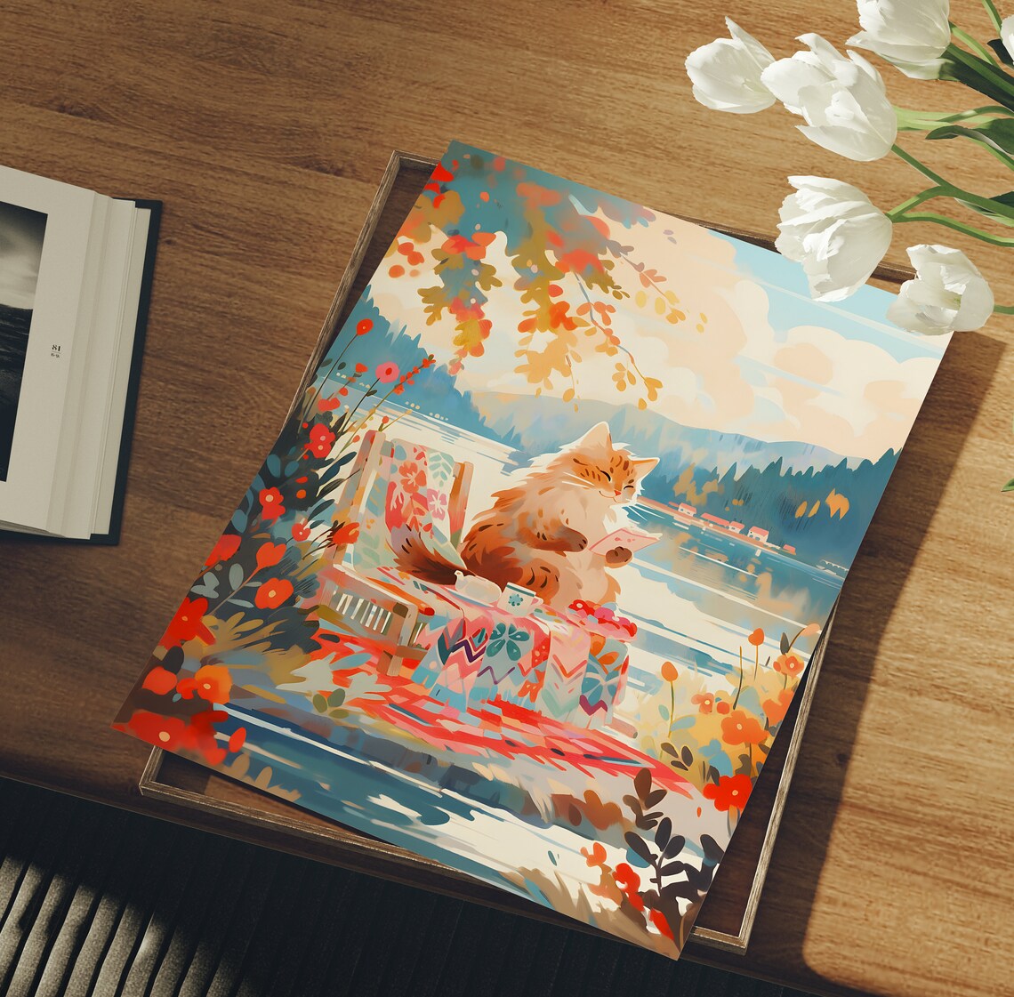 Lovely Cat Poster, Tranquil Lake Art Print - Image 3