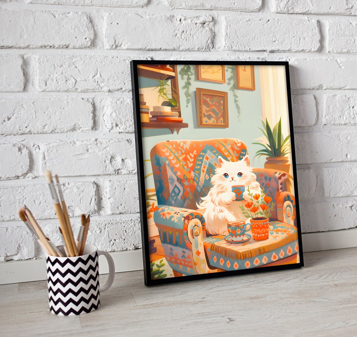Cute Longhair Cat Print, Coffee Cat Gift - Image 2