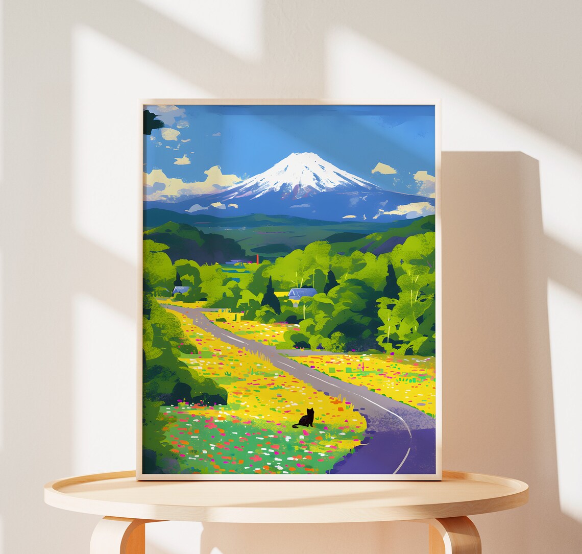Mount Fuji Black Cat Poster, Japan Floral Art