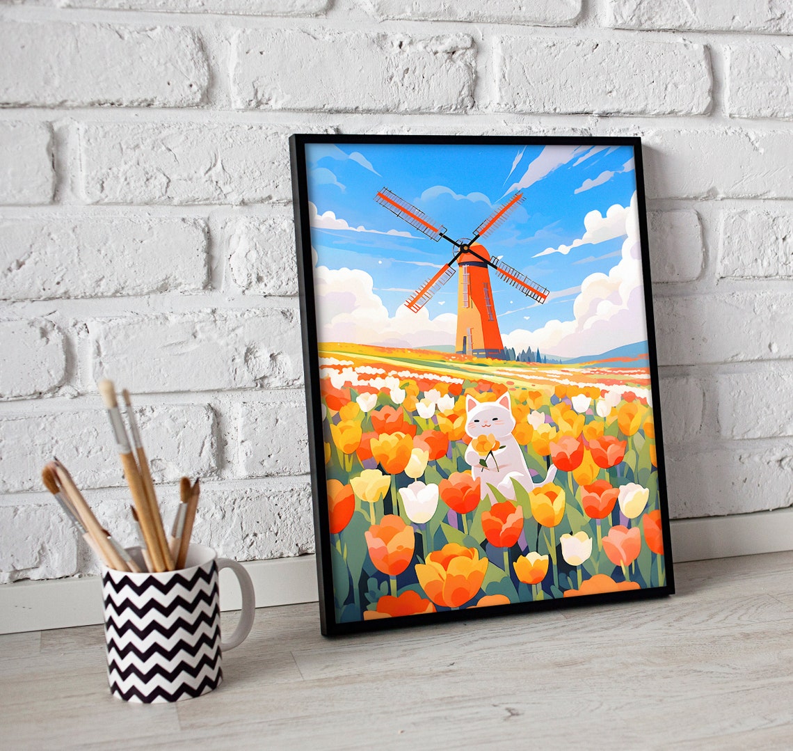 White Cat Holding a Tulip in a Dutch Windmill Field Art Poster - Image 3