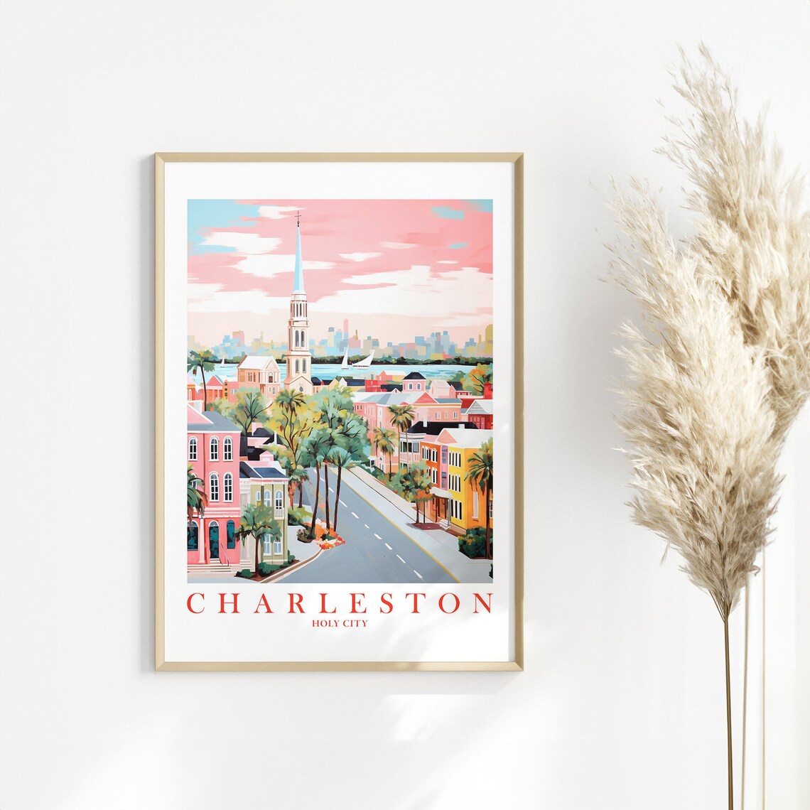 Charleston Holy City South Carolina Pink Skyline Retro Travel Wall Poster