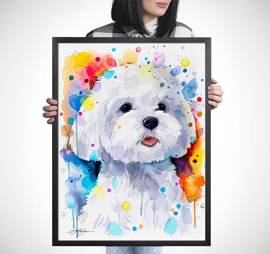 Maltese Dog Watercolor Portrait Print Colorful Animal Art By Aladjova - Image 2