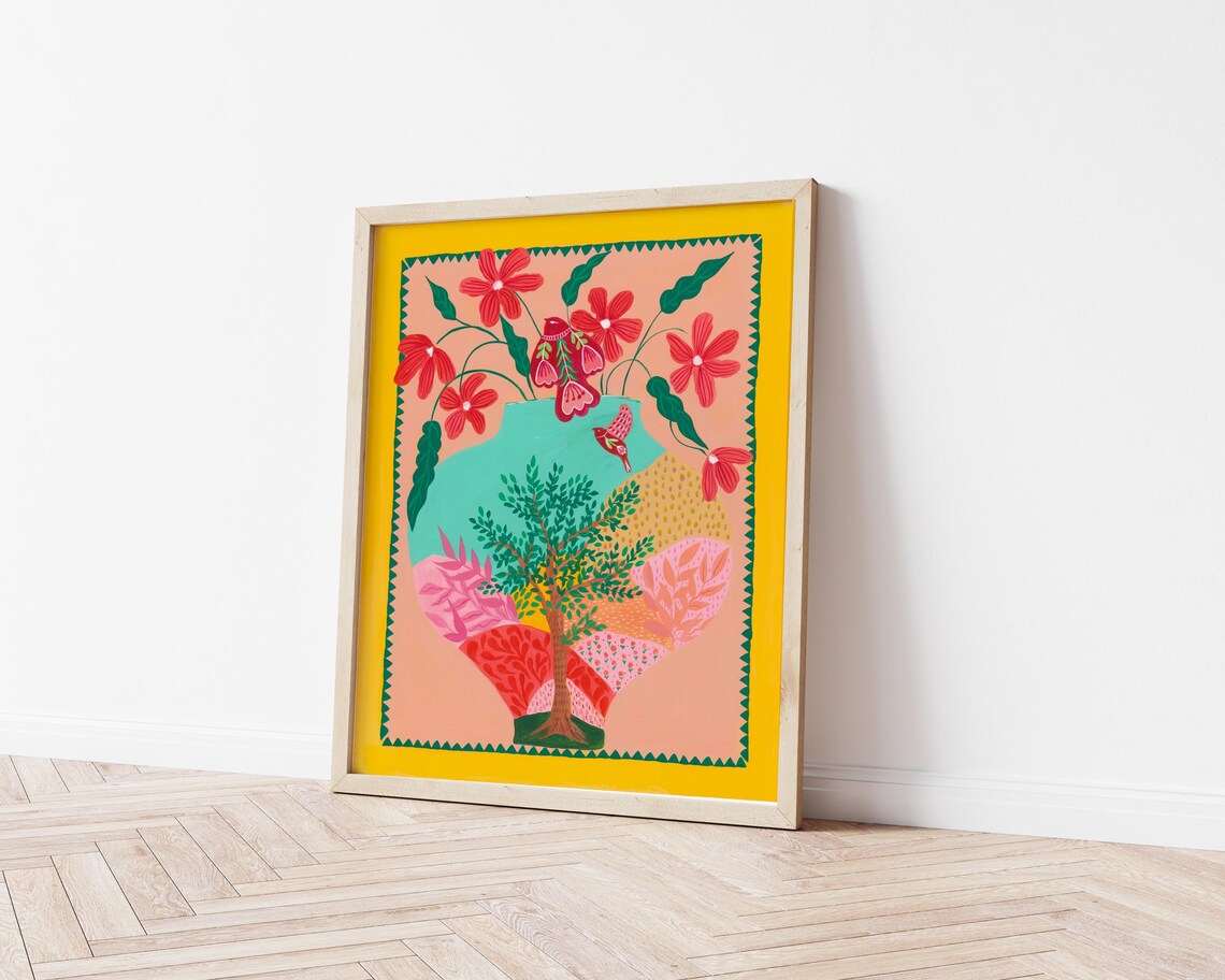 Colorful Folk Art Birds Tree of Life Vase Flower Framed Art Print - Image 2