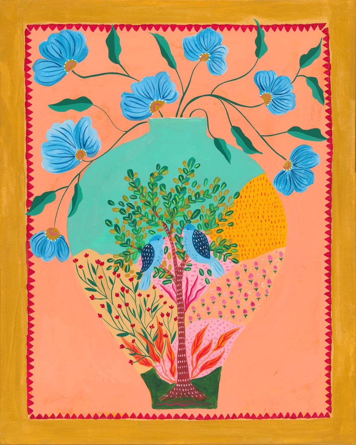 Blue Birds Folk Art Print Flowering Tree Pair of Birds Framed Wall Art - Image 3