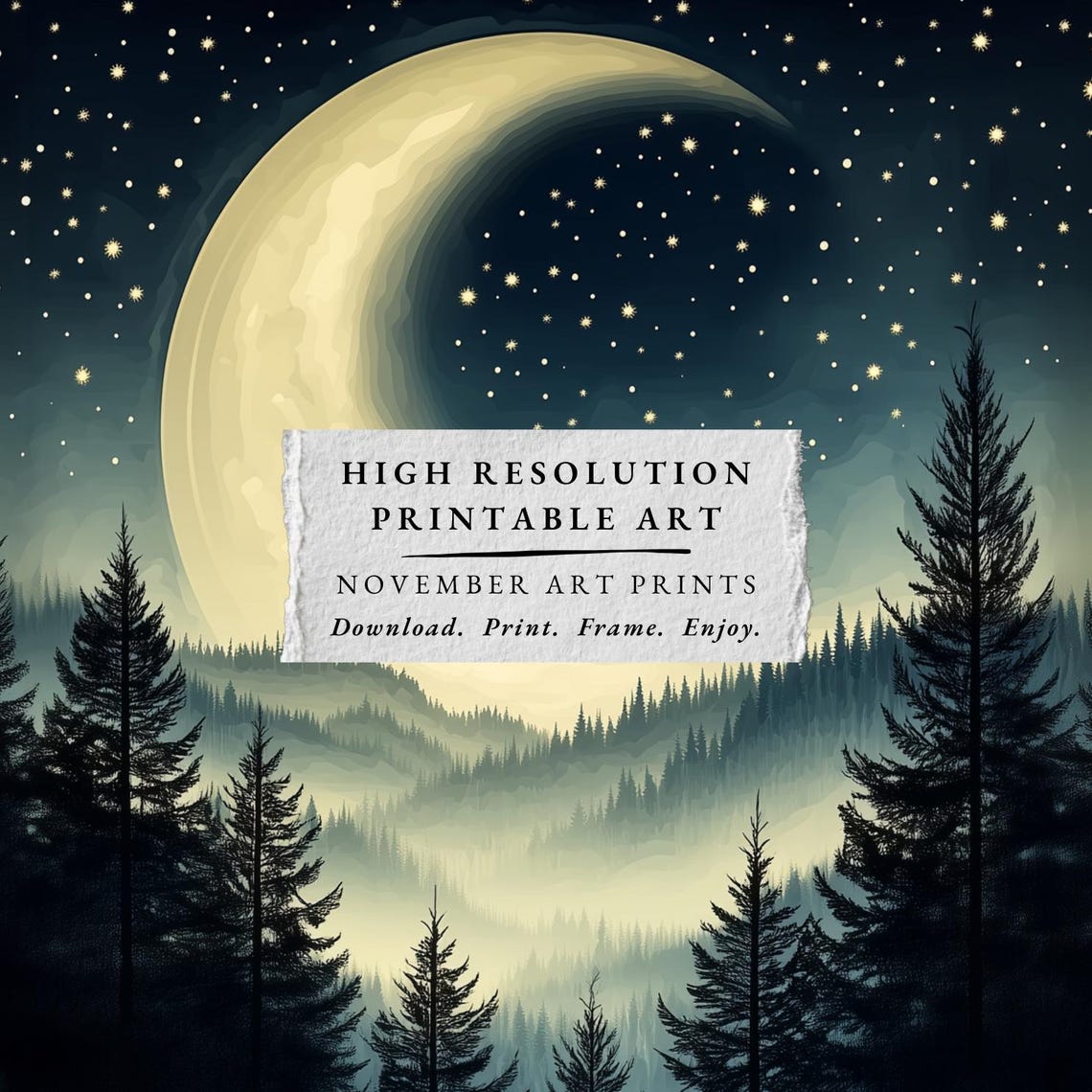 Crescent Moon Starry Night Sky Painting Surreal Misty Mountain Forest Print Celestial Moody Dark Academia Moon And Stars Wall Art - Image 4