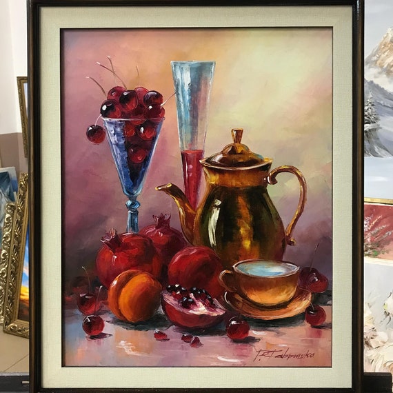 Still Life Fruit Painting Original Fruits Oil Painting Teapot Art Pomegranate Painting Framed Pomegranate Artwork Food Paintings For Kitchen