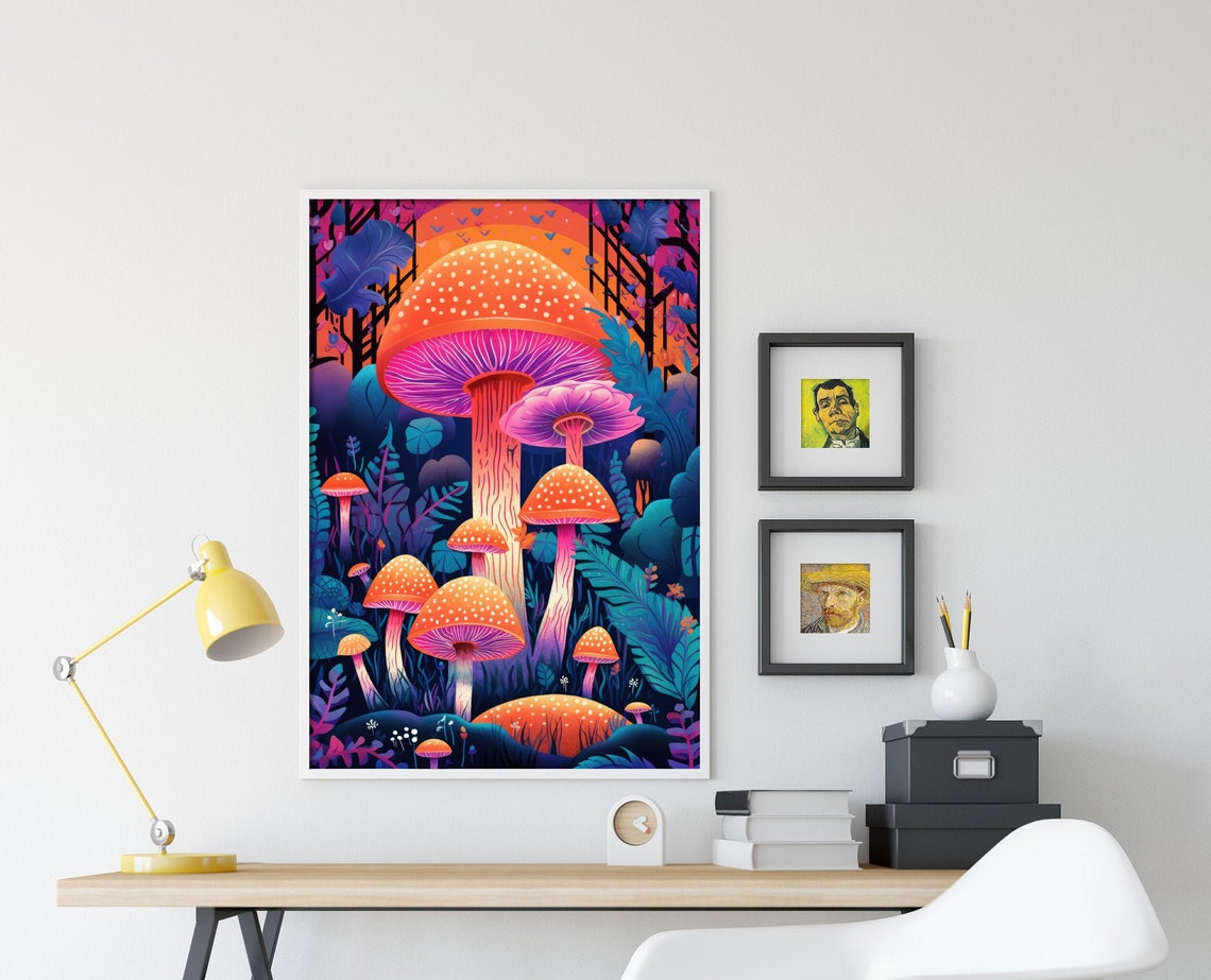 Neon Glowing Mushrooms Trippy Forest Psychedelic Fungi Art Poster - Image 4