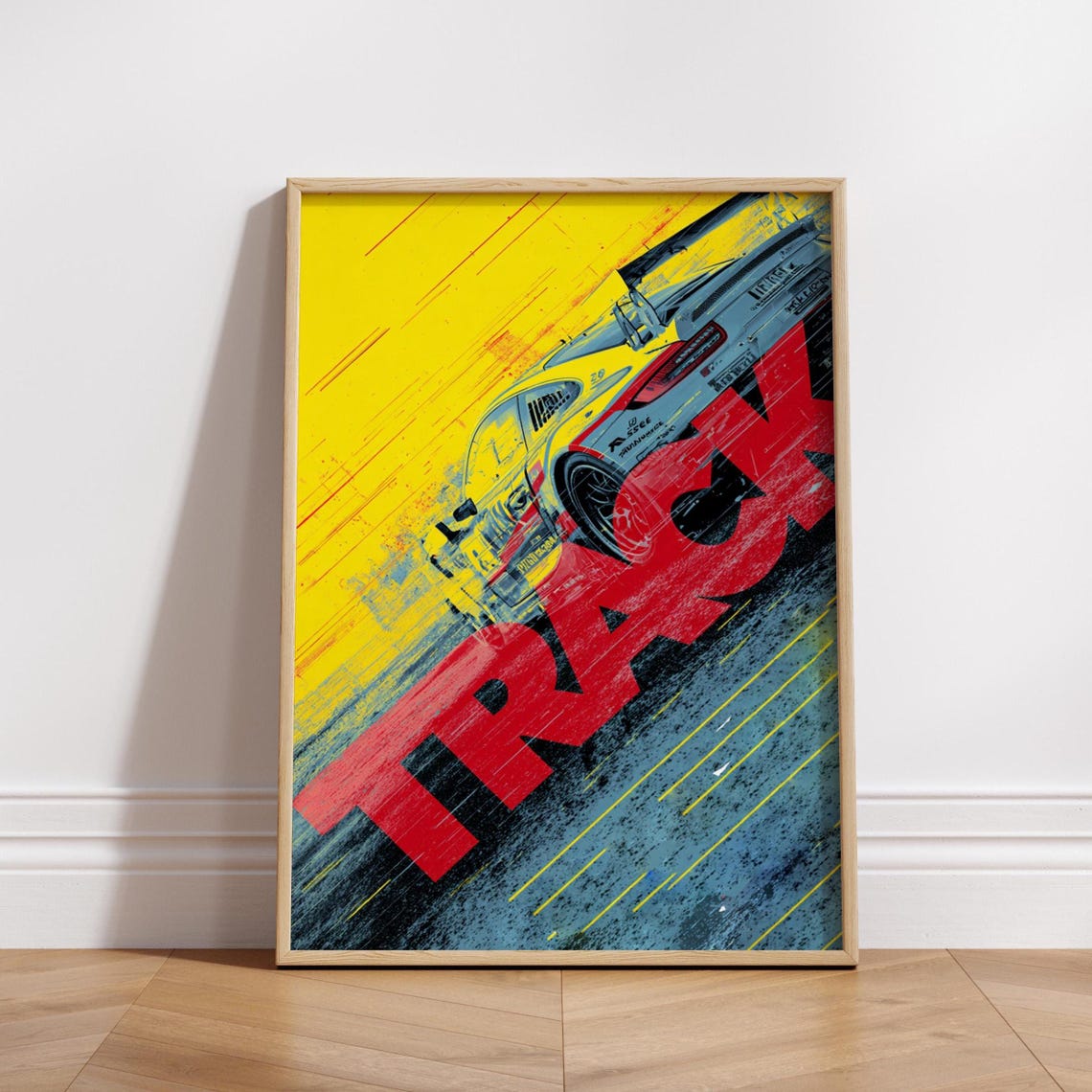 Bold Track Typography With Yellow Race Car Pop Art Motorsport Poster