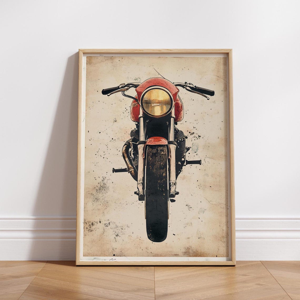 Vintage Red Cafe Racer Motorcycle Front View Retro Bike Art Poster