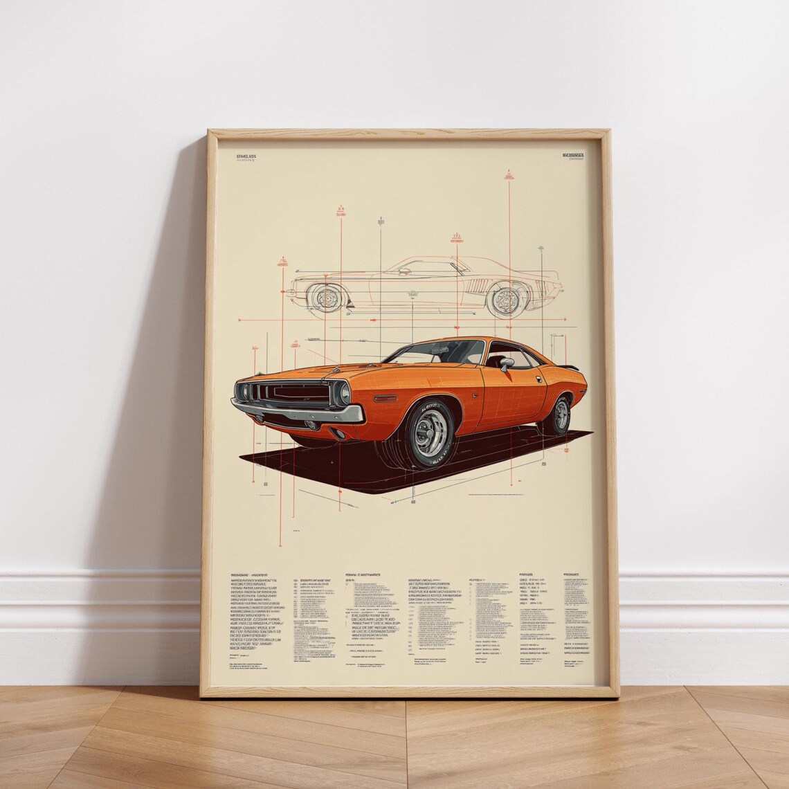 Orange Muscle Car Blueprint, Classic 70s Retro Auto