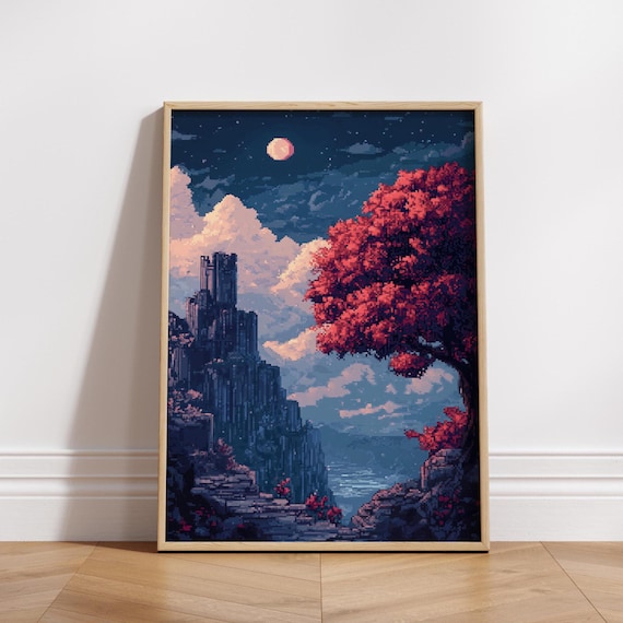 8 Bit Pixel Art Landscape Poster Matte Vertical Wall Home Decor Vintage Print Gift For Lovers Cozy Decorations