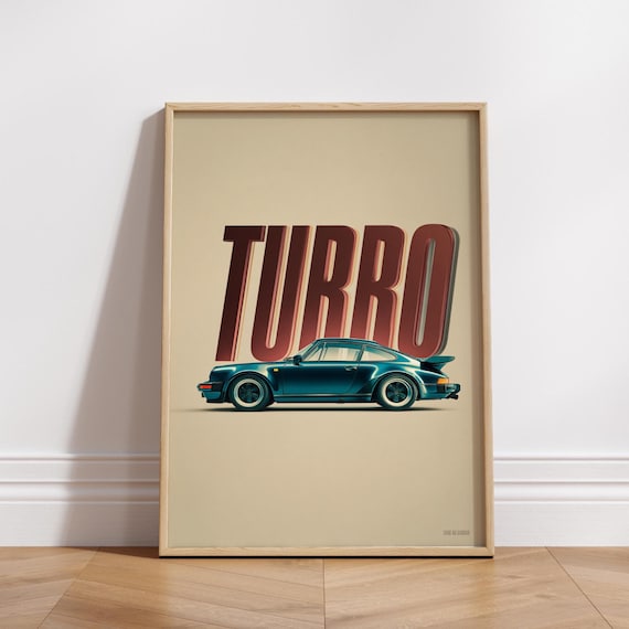 Retro Turbo Typography With Teal Sports Car Bold Vintage Racing Poster
