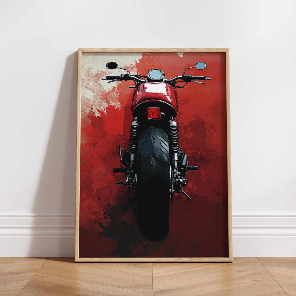 Red Cafe Racer Motorcycle Wall Art Retro Bike Poster Bold Garage Decor Man Cave Print