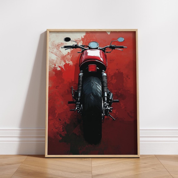 Cafe Racer Rear View Poster Bold Motorcycle Wall Art Minimalist Biker Print Red Grunge Garage Decor Modern Moto Gift For Him