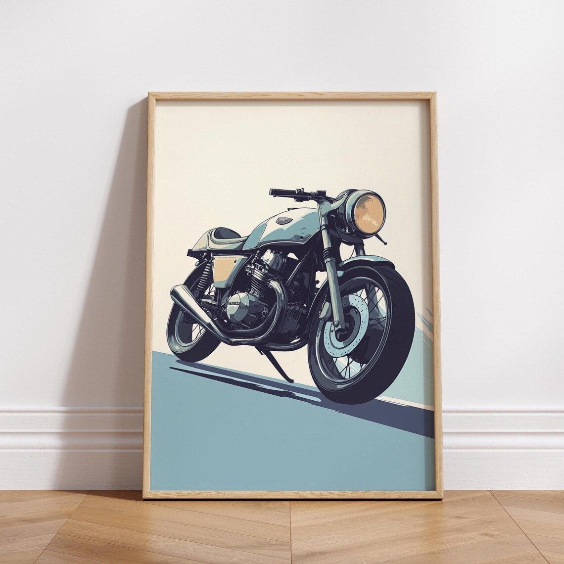 Classic Blue Cafe Racer Motorcycle Vintage Poster