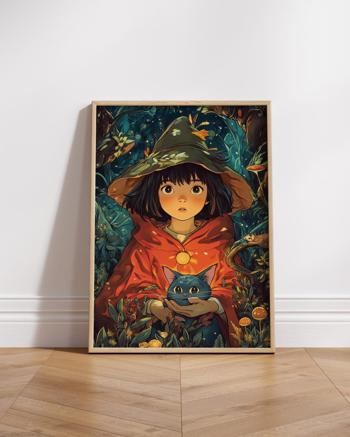 Anime Witch Girl Blue Cat Enchanted Forest Fantasy Art Poster