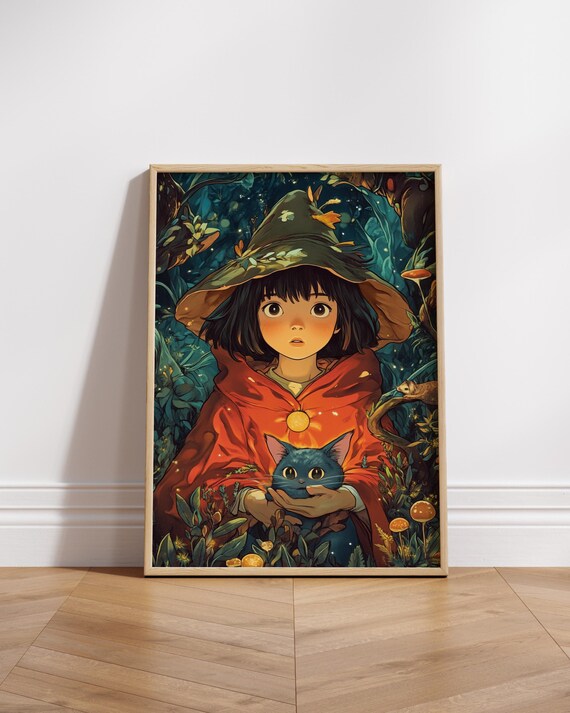 Whimsical Girl Cat Posters Enchanting Forest Kids Room Wall Art Gift Nature Lovers Cute Home Decor