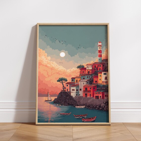 Coastal Pixel Art Poster 8 Bit Seaside Town Wall Retro Ocean Sunset Print Lighthouse Boats Home Decor