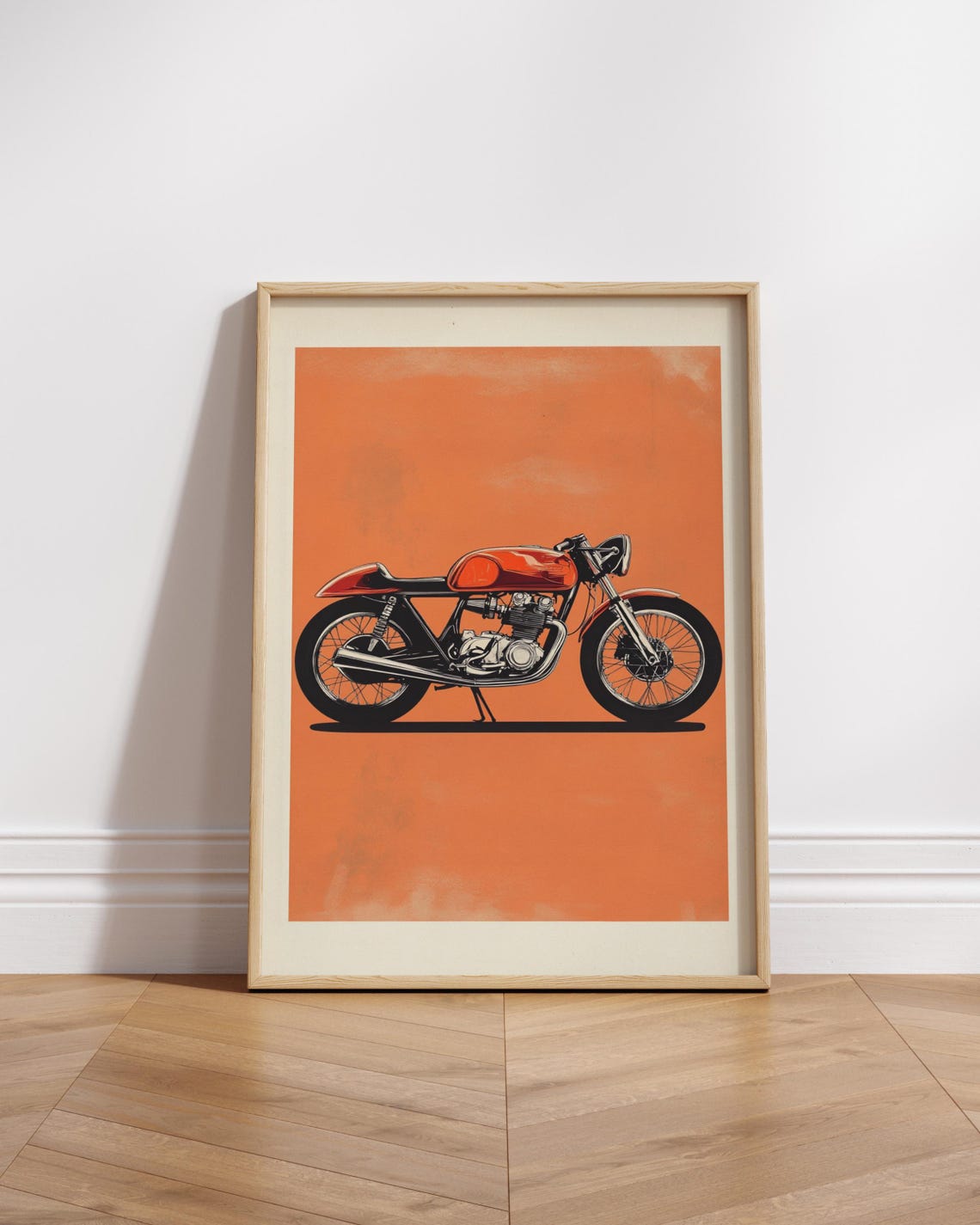 Vintage Red Cafe Racer Motorcycle Retro Orange Background Poster