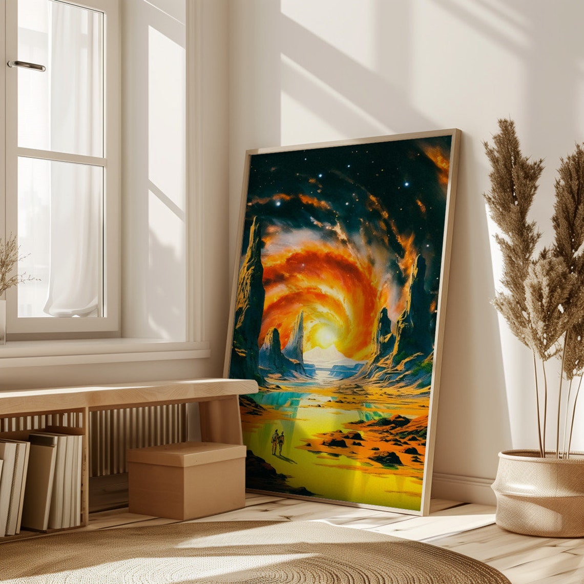 Two Astronauts on Alien World Under Swirling Orange Vortex Sky Poster - Image 2
