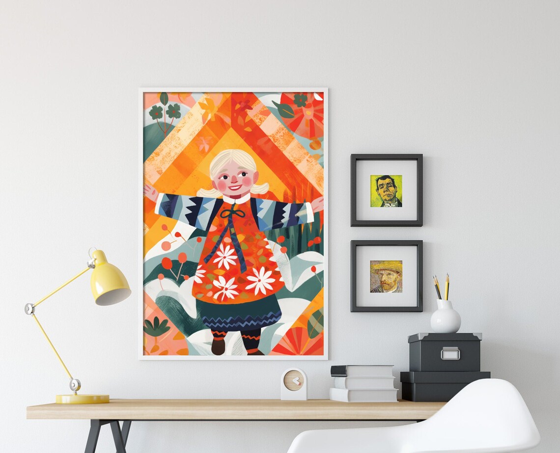 Blonde Girl in Red Floral Folk Dress Joyful Illustration Poster - Image 4