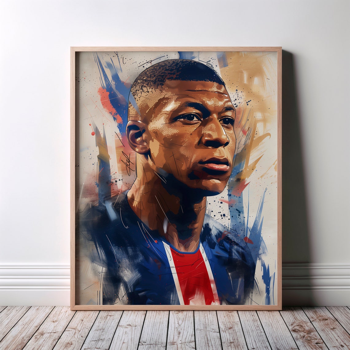 Kylian Mbappe Painterly Portrait Blue Jersey Soccer Star Art Poster