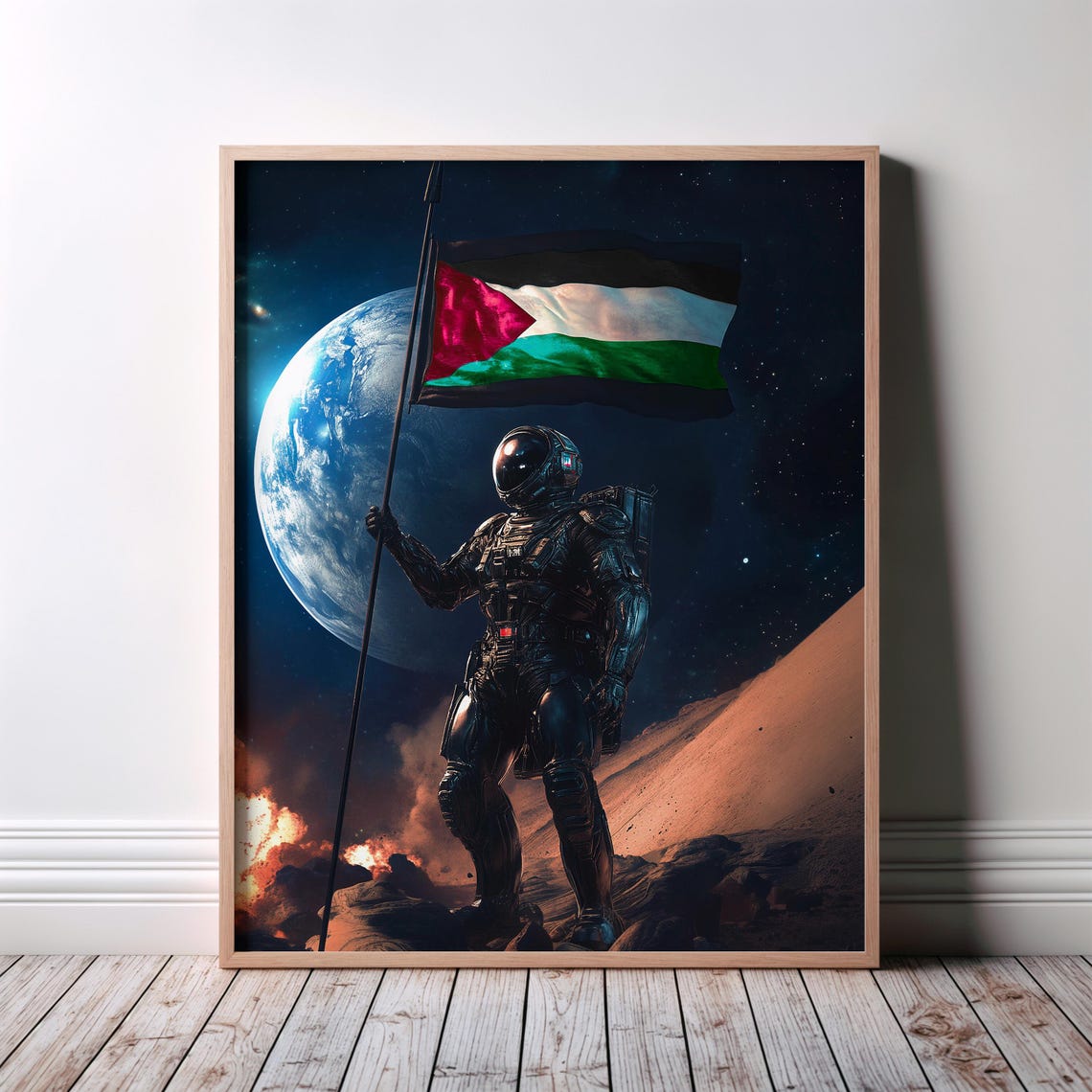 Astronaut Planting Palestine Flag Space Earth Cosmic Art Poster