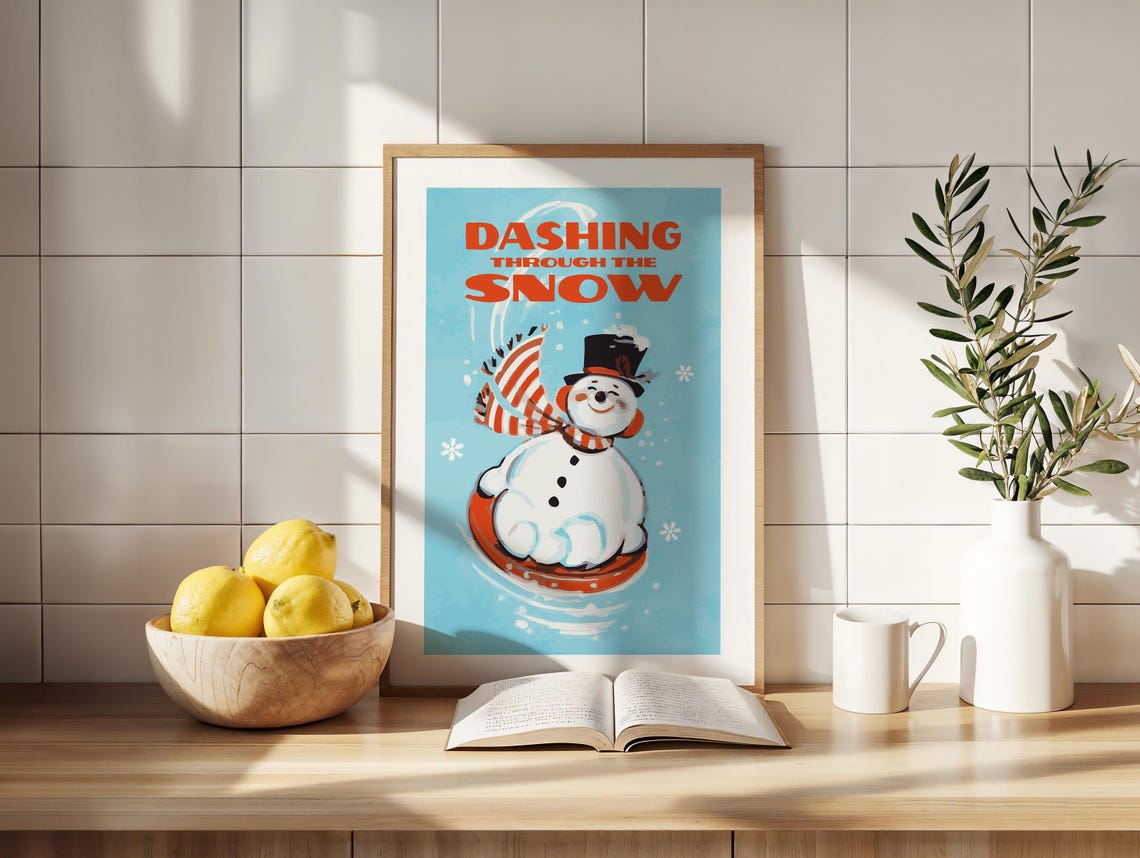 Dashing Through The Snow Cheerful Snowman Sledding Christmas Poster