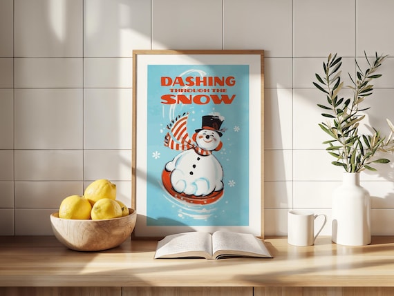 Dashing Through The Snow Cheerful Snowman Sledding Christmas Poster